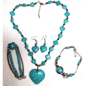 Faux Turquoise Necklace Bracelet Earrings 4 Pc Lot Hearts Butterfly Boho Western
